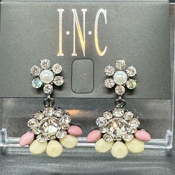 INC Silver Tone Crystal Flower Post Earnings W/ Drop Dangle Crystal Flower - Picture 3 of 8